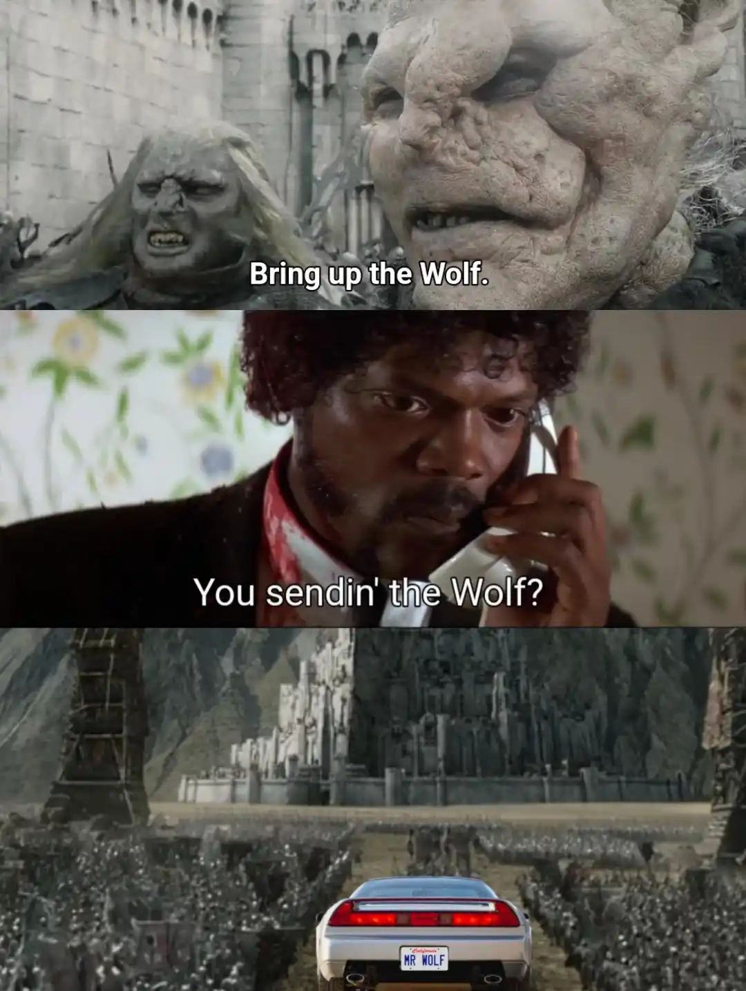 The meme features three panels: top, two orc-like creatures in a castle with text 'Bring up the Wolf.'; middle, a man on the…