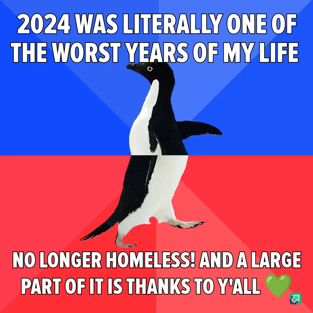 A penguin stands centered against a blue and red background, with bold white text at the top stating '2024 WAS LITERALLY ONE…