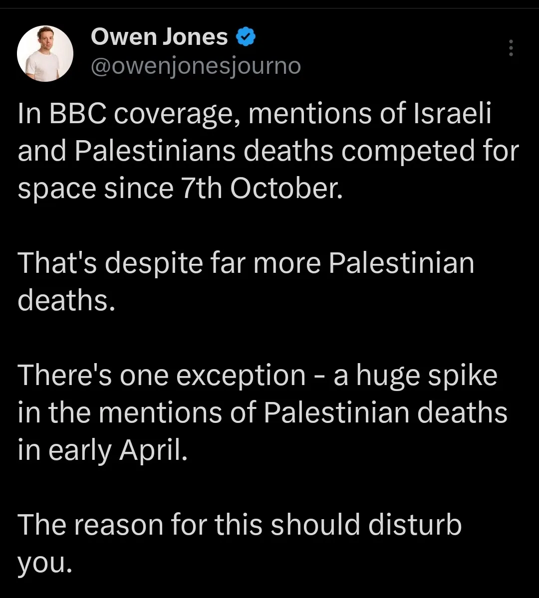 A screenshot of a tweet by Owen Jones (@owenjonesjourno) with a black background and white text. The tweet discusses how BBC…