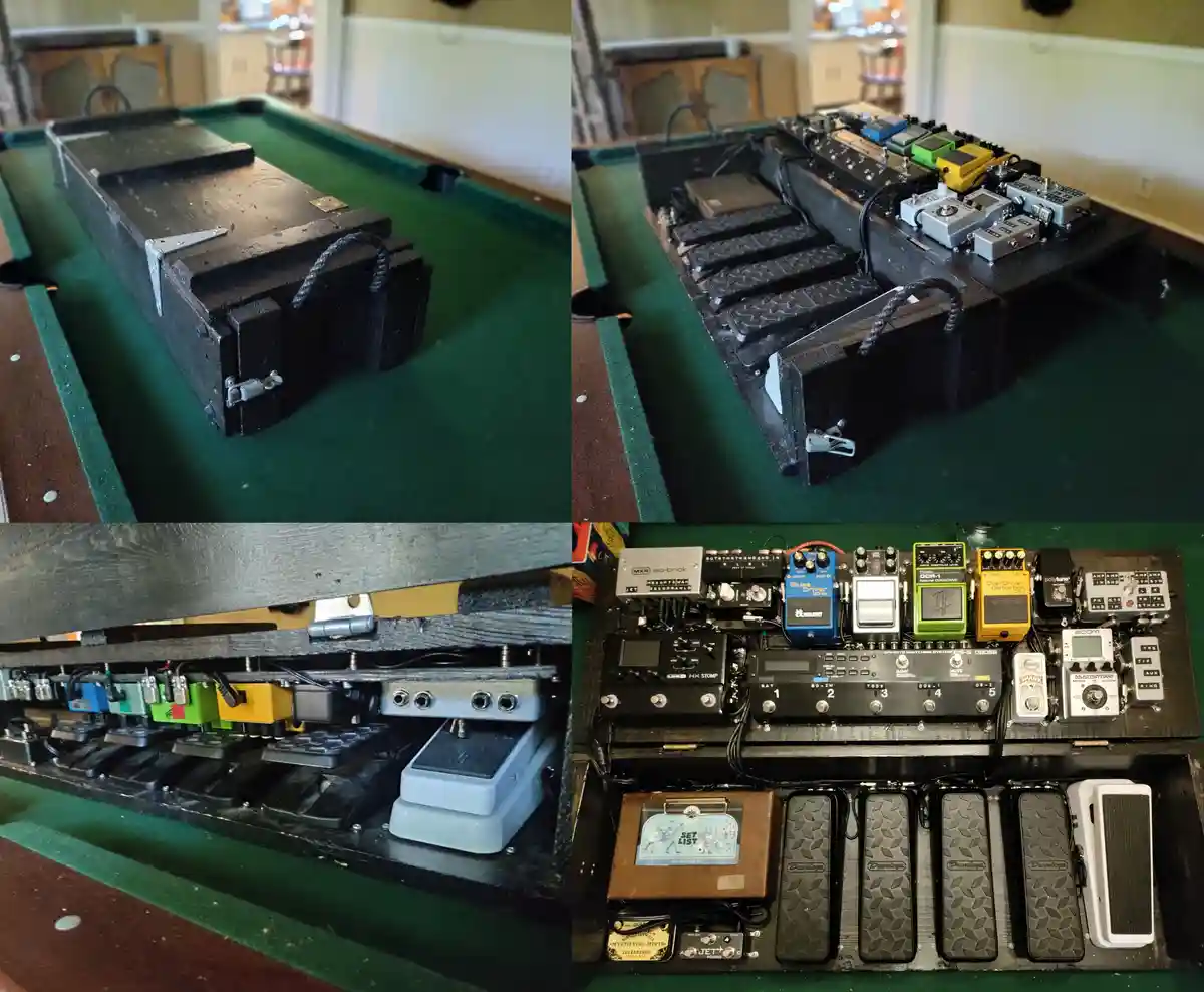 The image is a four-panel collage showing a black wooden box placed on a green pool table. The top-left panel shows the…