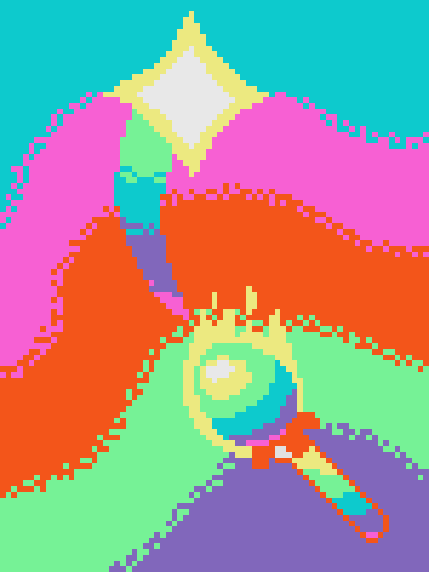 A low-resolution, pixelated image shows a stylized, colorful character with a large, glowing yellow diamond-shaped…