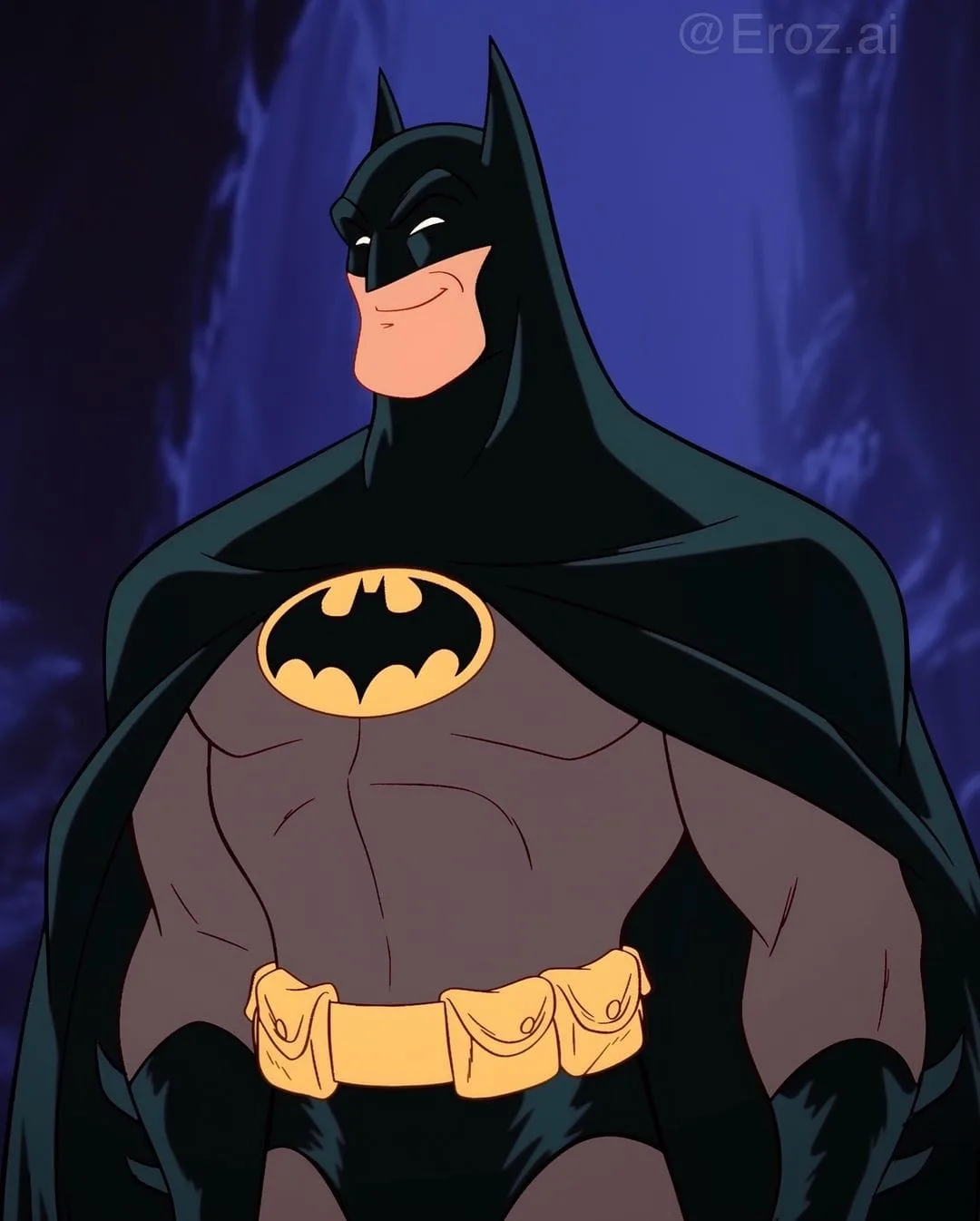 a cartoon batman in his classic black and grey suit with a yellow utility belt and bat symbol, standing confidently with a…