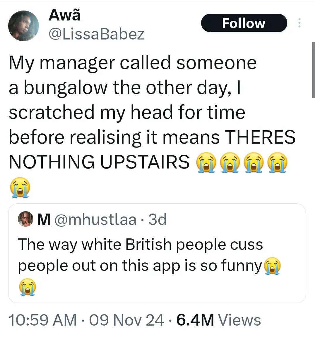 A screenshot of a Twitter post by user @LissaBabez, where she recounts her manager calling someone a 'bungalow,' which she…