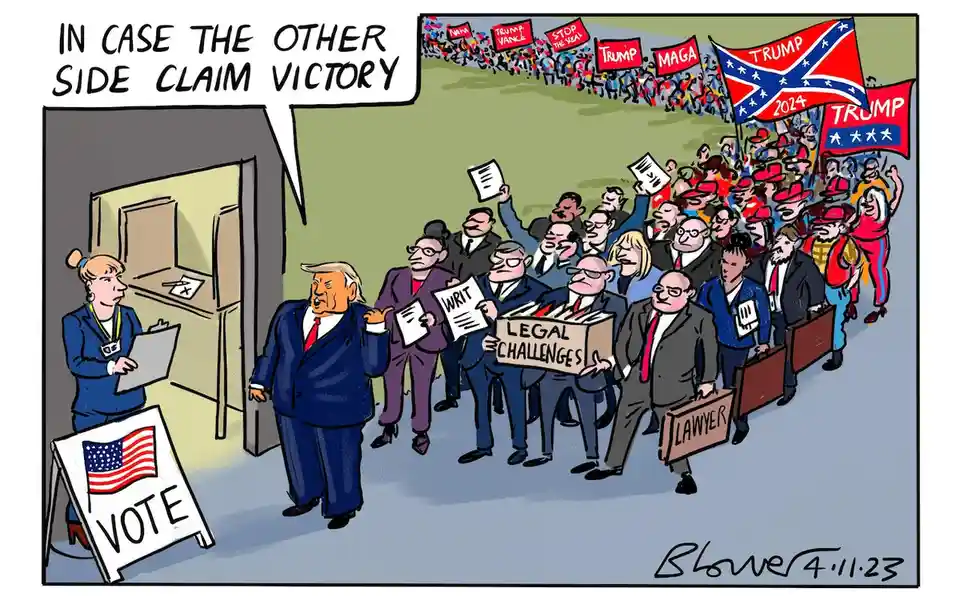 A cartoon depicts Donald Trump standing outside a voting booth, gesturing toward a line of lawyers holding signs that say…