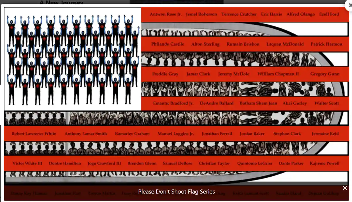 The image displays a stylized American flag where the stars are replaced with silhouettes of people with red crosses over…