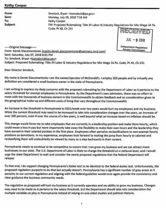 An email chain shows a McDonald's owner, Derek Giacantonio, writing to a labor director about how a proposed Pennsylvania…