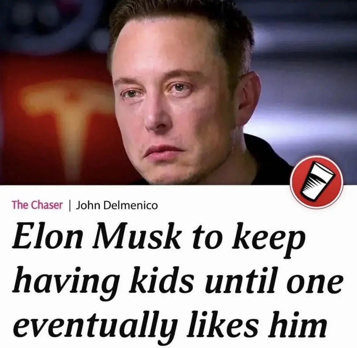 A close-up image of Elon Musk with a sad, tearful expression, overlaid with bold text reading 'Elon Musk to keep having kids…