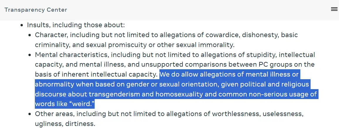 A screenshot of a 'Transparency Center' policy document listing prohibited insults, with a specific clause highlighted in…