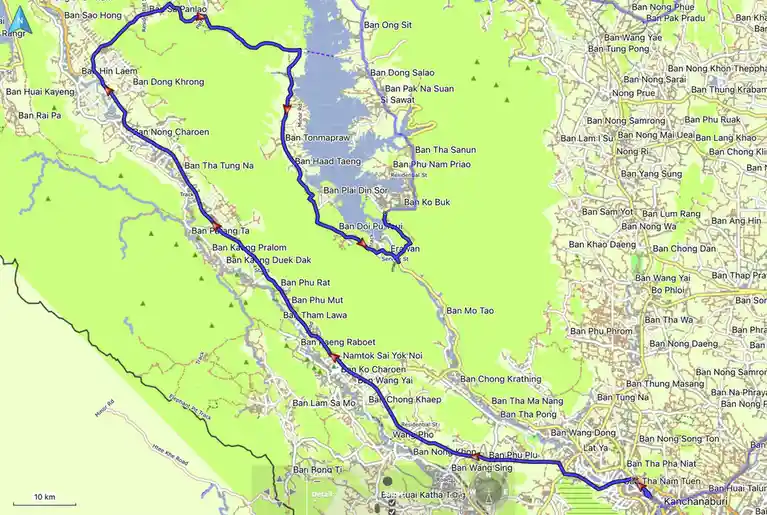 a digital map showing a blue hiking trail winding through rural thailand, passing through many villages like 'ban nong…