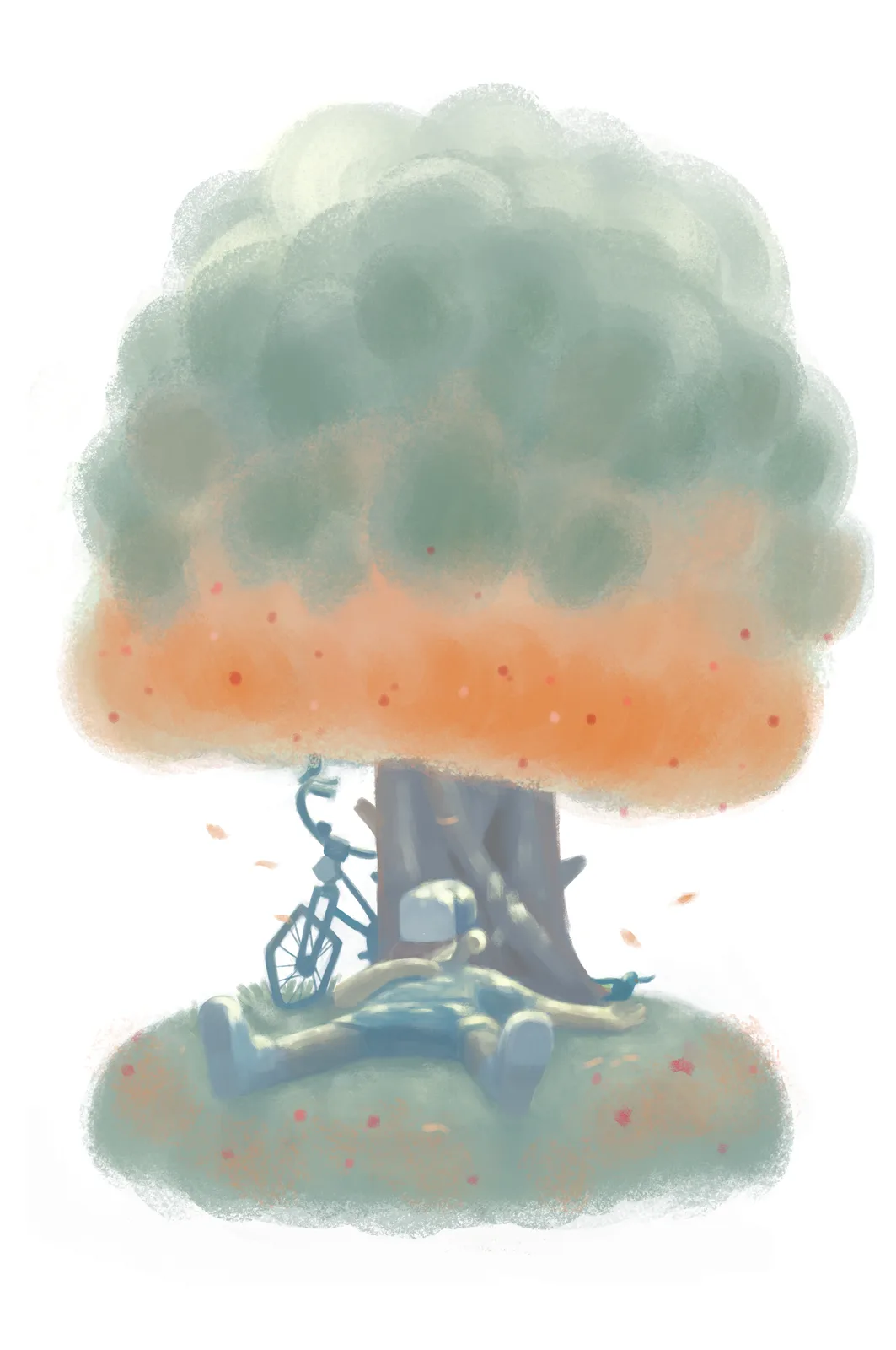 A stylized illustration shows a person lying on the ground under a large tree with a bicycle leaning against the trunk. The…