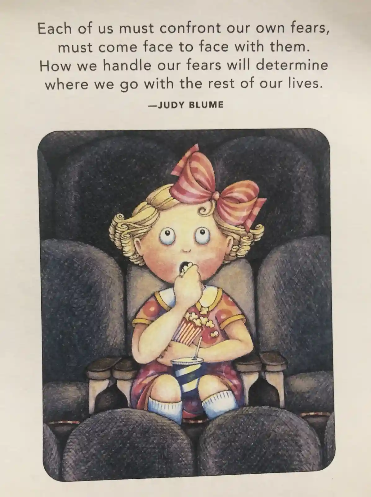A cartoon illustration shows a young girl with curly blonde hair and a large red bow sitting in a dark movie theater seat…