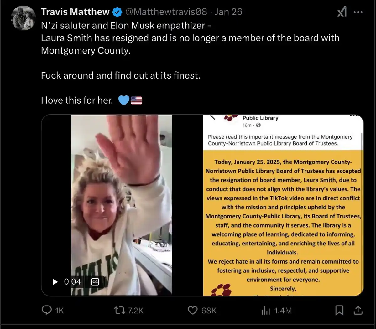 A screenshot of a tweet by Travis Matthew showing a split image: on the left, a woman with blonde hair in a white hoodie…