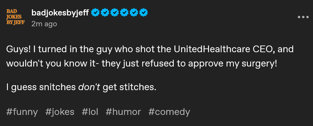 A screenshot of a tweet from the account 'badjokesbyjeff' with a dark background and white text. The tweet reads: 'Guys! I…