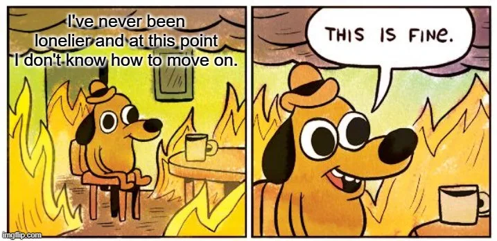A two-panel comic featuring a cartoon dog sitting alone in a room engulfed in flames. In the first panel, the dog looks sad…
