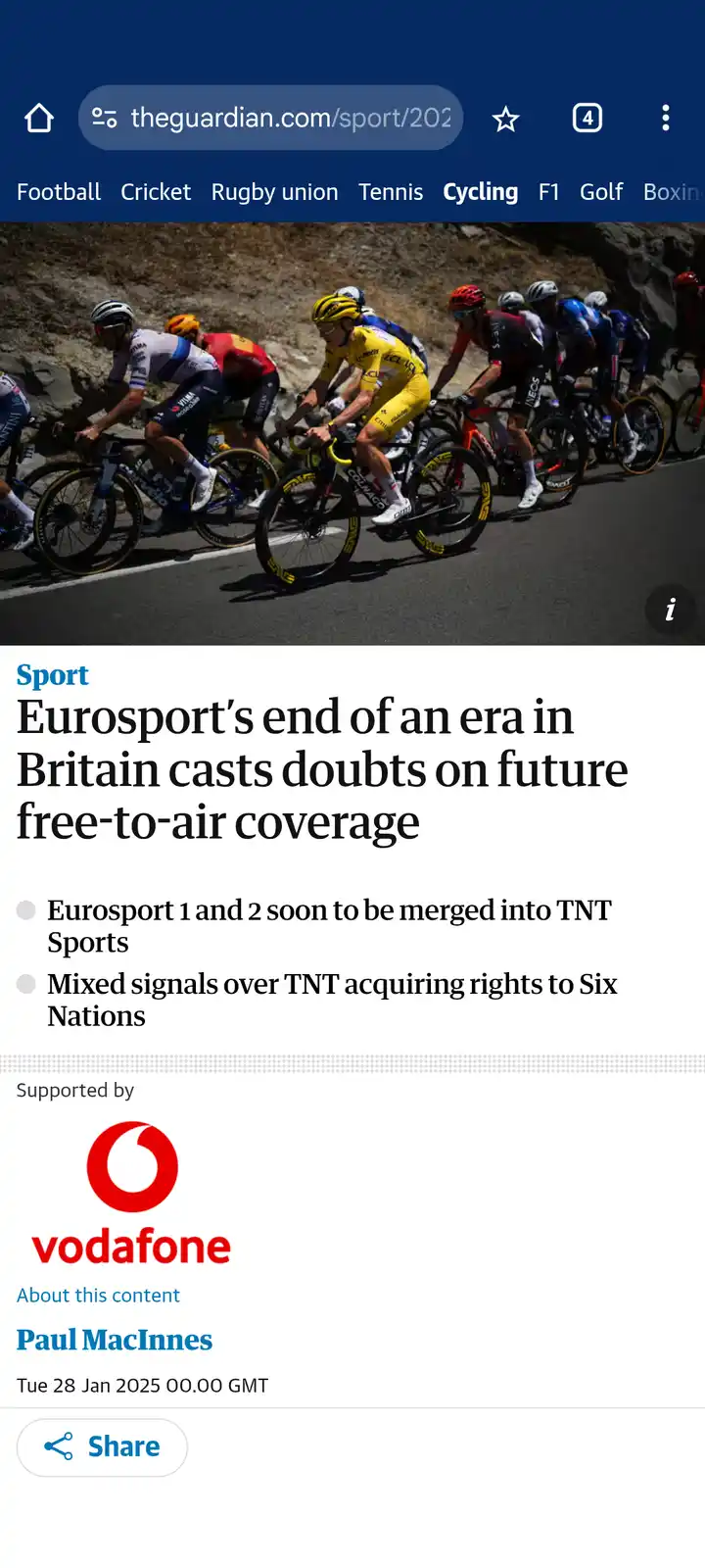 A screenshot of a Guardian sports article about Eurosport's closure in Britain, featuring a photo of cyclists racing uphill…
