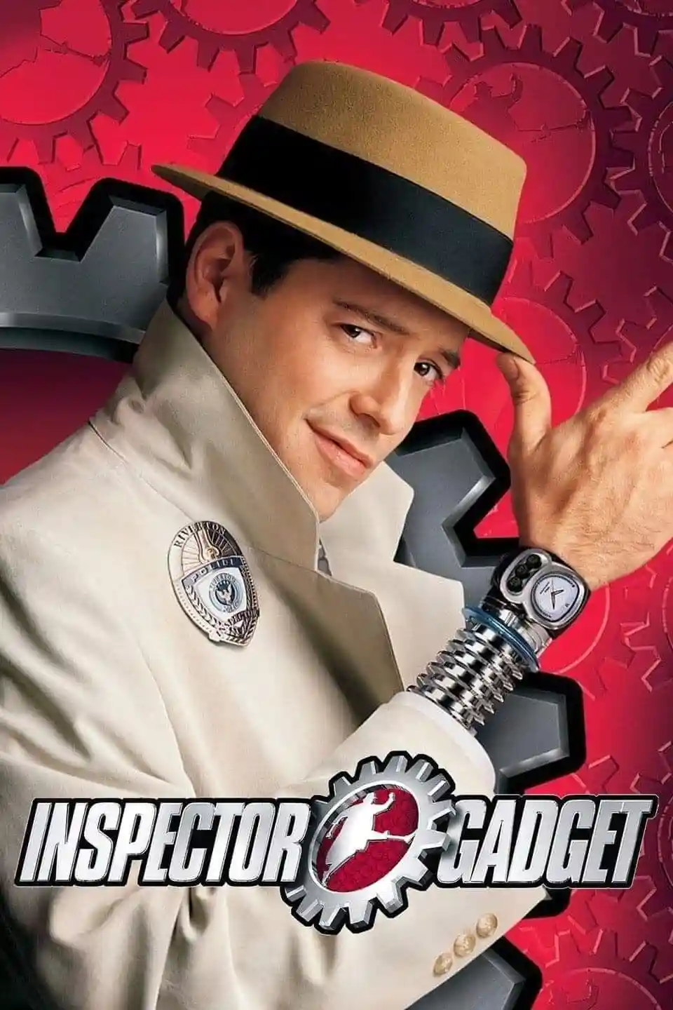 A promotional poster for the movie 'Inspector Gadget' featuring the main character, a man in a beige police uniform and…