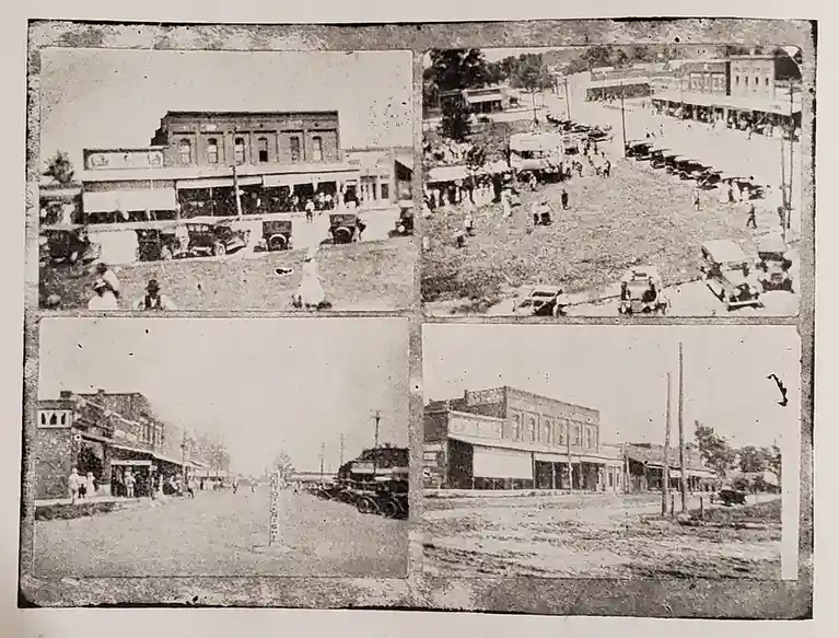 A vintage, sepia-toned collage of four black-and-white photographs showing early 20th-century street scenes with numerous…