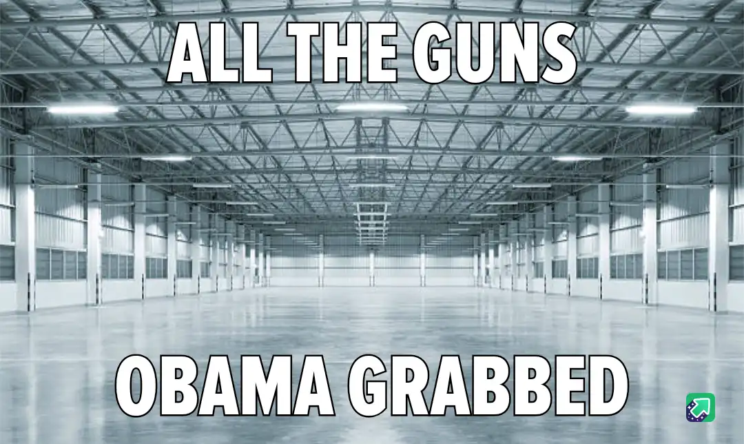 An empty, vast warehouse with a high ceiling and fluorescent lights, overlaid with bold white text reading 'ALL THE GUNS' at…