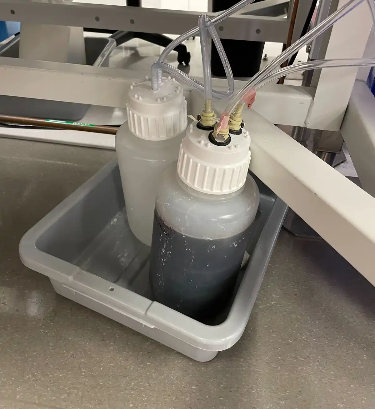 Two clear plastic bottles with white caps and tubing are sitting in a gray plastic tray on a lab bench. One bottle contains…