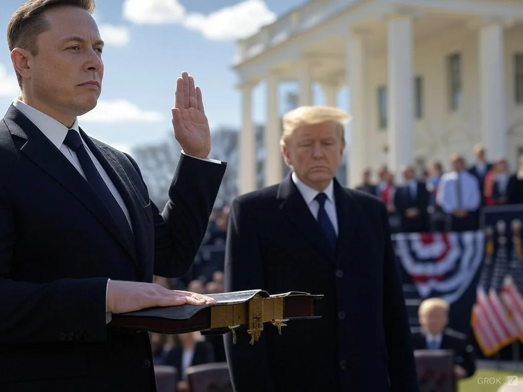 elon musk stands in front of the white house, raising his right hand and placing his left hand on a bible, as if being sworn…