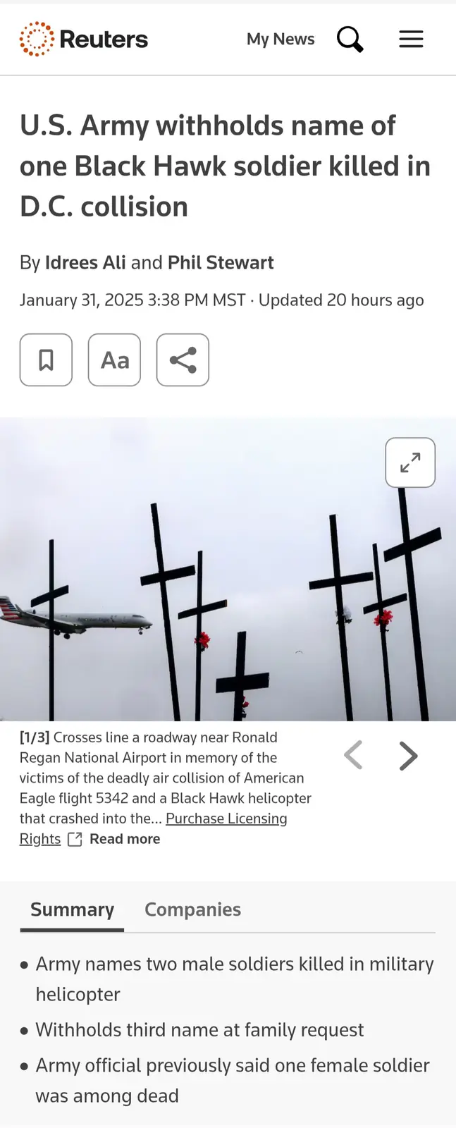 A Reuters news article screenshot shows a photo of black crosses with red flowers, with an American Eagle airplane flying…