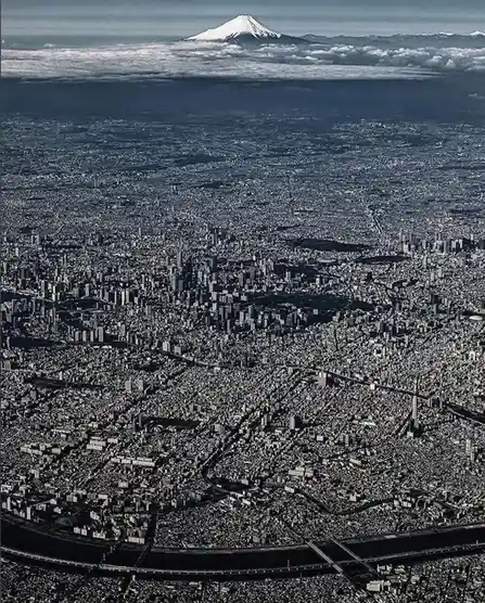 An aerial black-and-white photograph shows a vast, densely packed urban landscape stretching toward the horizon, with a…
