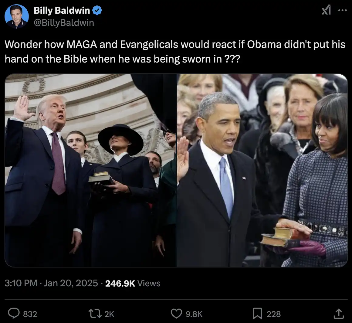 The image is a side-by-side comparison of two U.S. presidents being sworn in. On the left, Donald Trump raises his right…