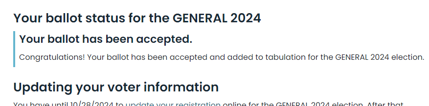 A screenshot of a government ballot confirmation page for the 2024 election, showing 'Your ballot has been accepted' with…