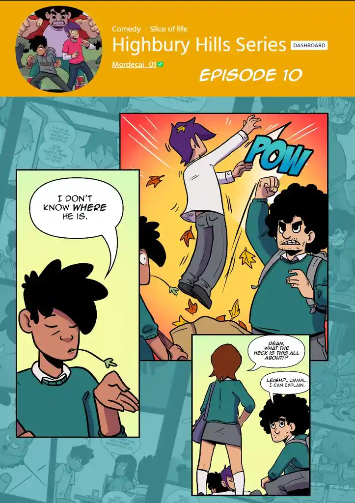 A comic panel from 'Highbury Hills Series' shows a character being punched with a 'POW' sound effect, while another…