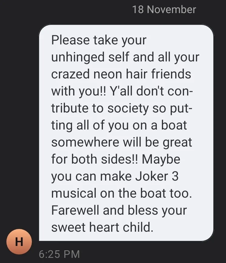 A screenshot of a text message from November 18 at 6:25 PM, displayed in a messaging app interface with a circular orange…