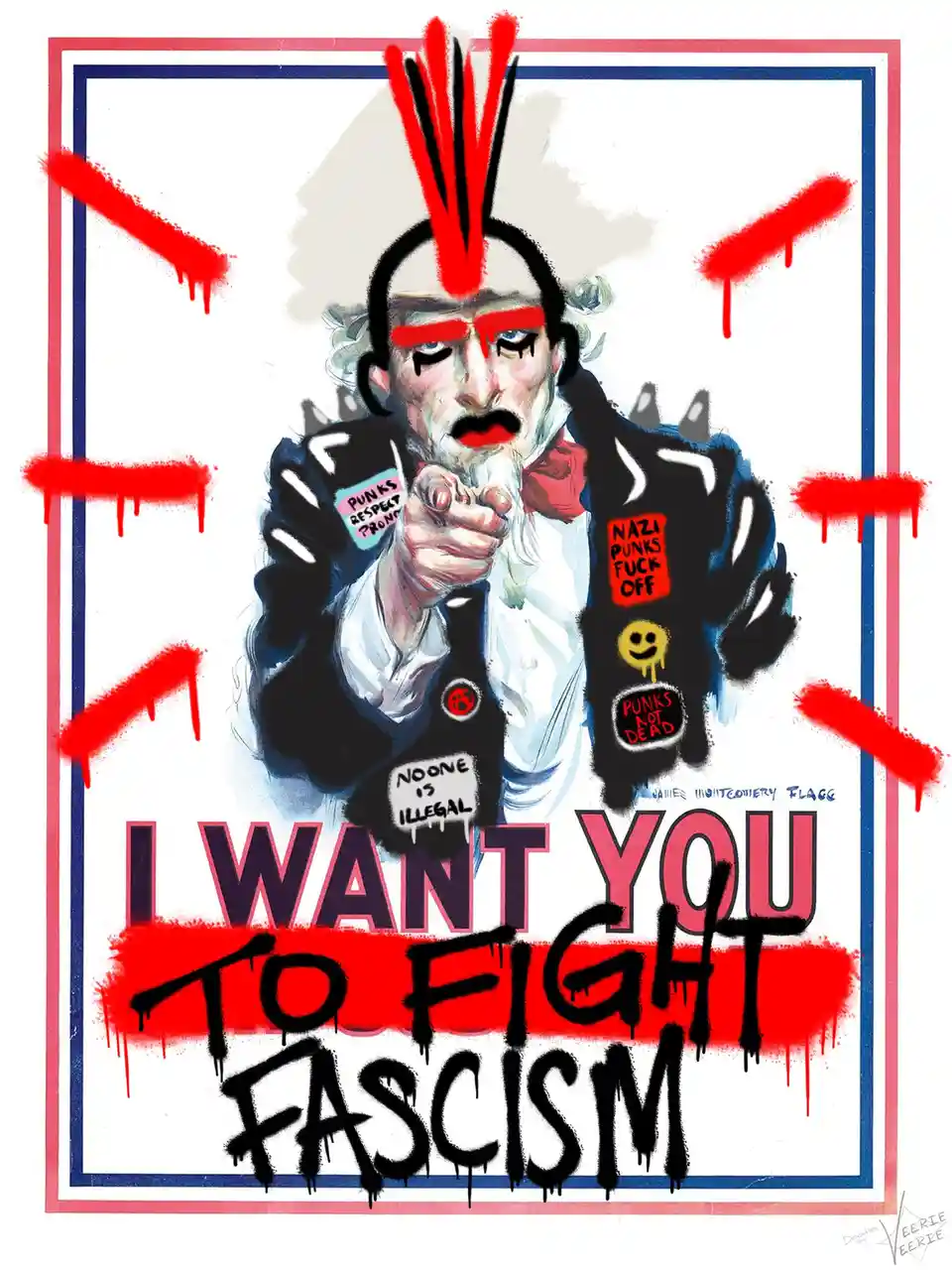 A punk-styled parody of the iconic 'I Want You' recruitment poster, featuring a man with a red mohawk, red eye makeup, and a…