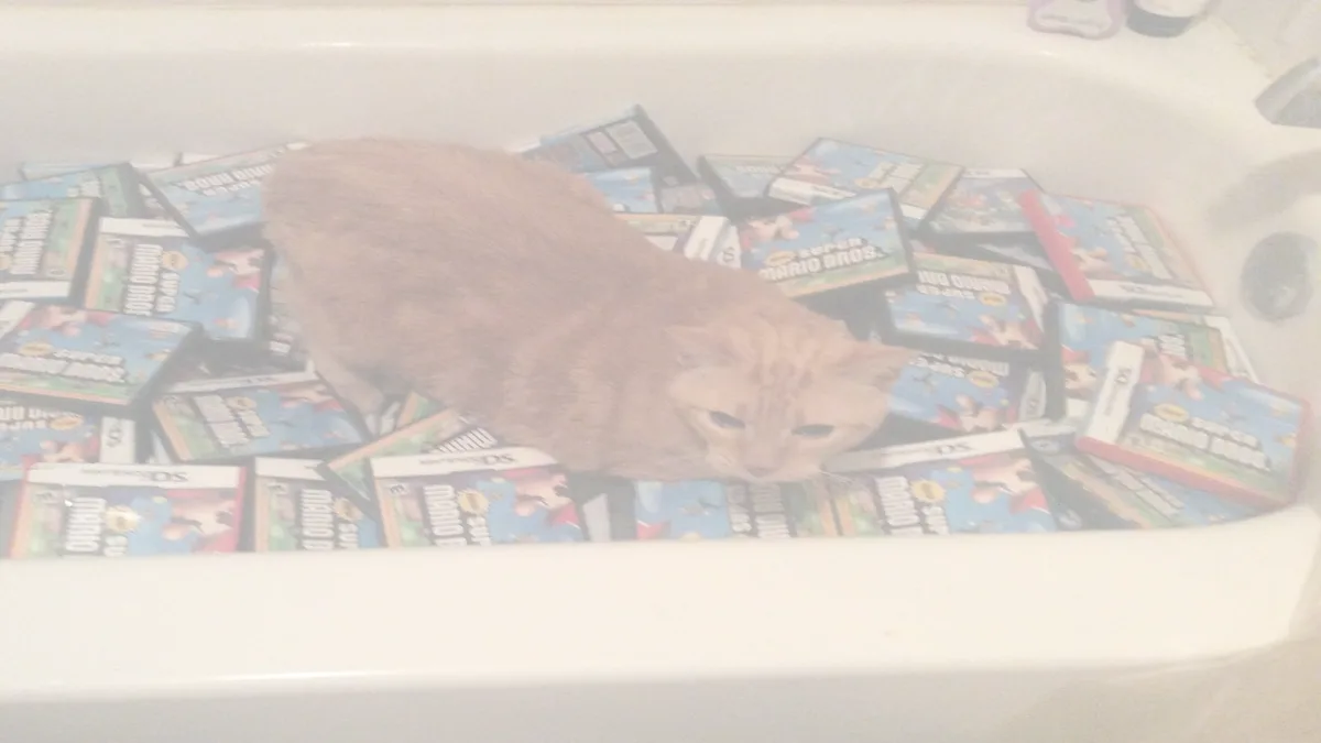 An orange tabby cat is lying in a bathtub filled with numerous Nintendo DS game cartridges, mostly 'Super Mario Bros.' The…