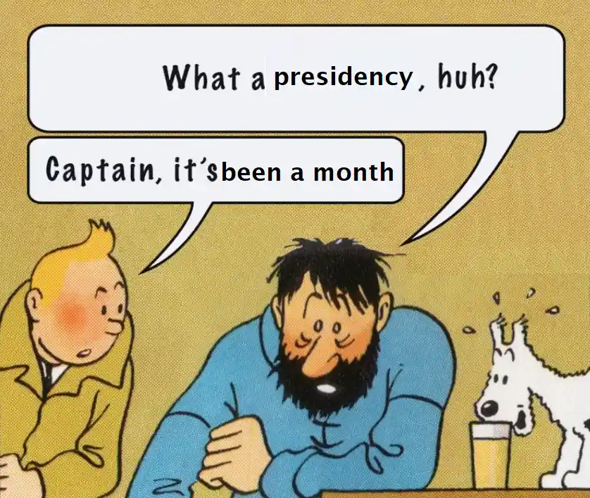 A comic panel shows Tintin looking embarrassed next to a weary-looking Captain Haddock, who is slumped over a table with a…
