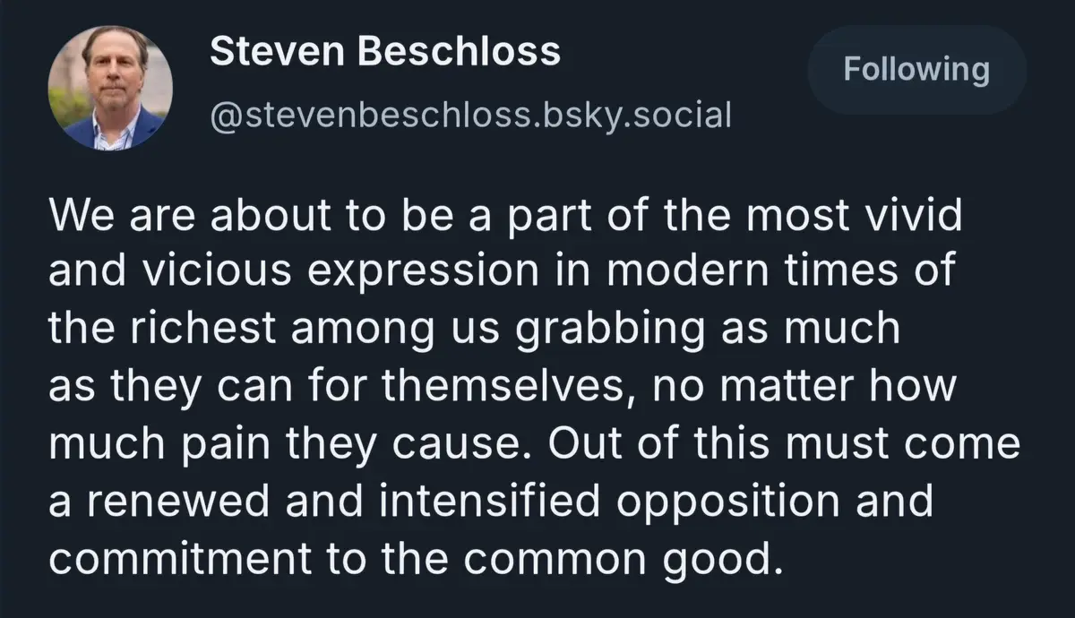 A screenshot of a social media post by Steven Beschloss on the platform Bluesky, showing his profile picture, username, and…