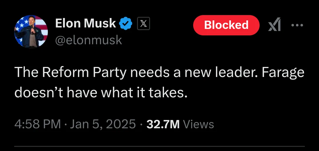 A screenshot of a fictional X (Twitter) post by Elon Musk, showing his profile picture, verified badge, and a red 'Blocked'…