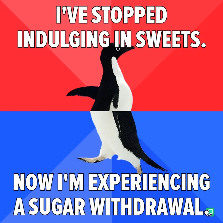A penguin is split across a red and blue background, with white bold text overlaid. The top half reads 'I'VE STOPPED…