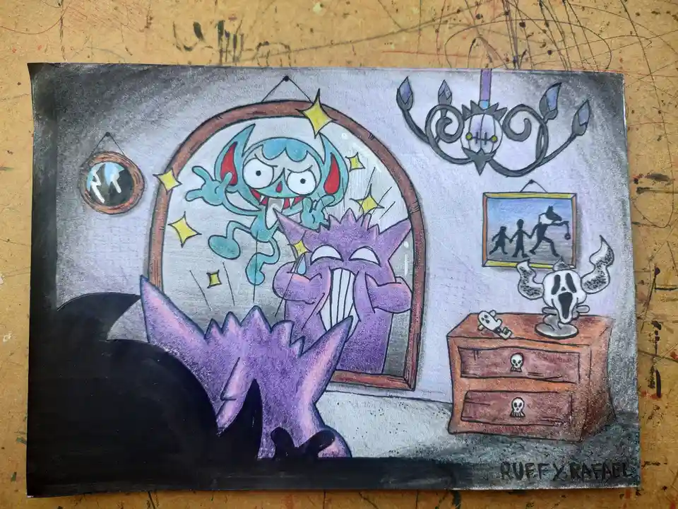 A hand-drawn cartoon depicts a purple, spiky monster with a terrified expression, crying and hiding behind a large mirror…