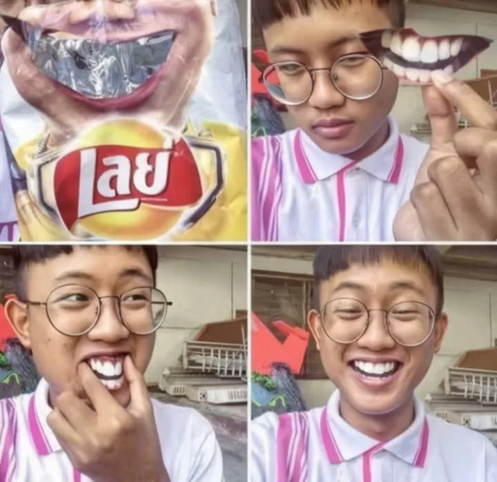 A four-panel image shows a person in a school uniform holding up a set of fake teeth, then putting them in their mouth and…