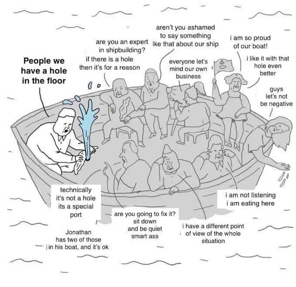 A black-and-white cartoon shows a boat with a large hole in its floor, causing water to gush in. A man on the left points to…