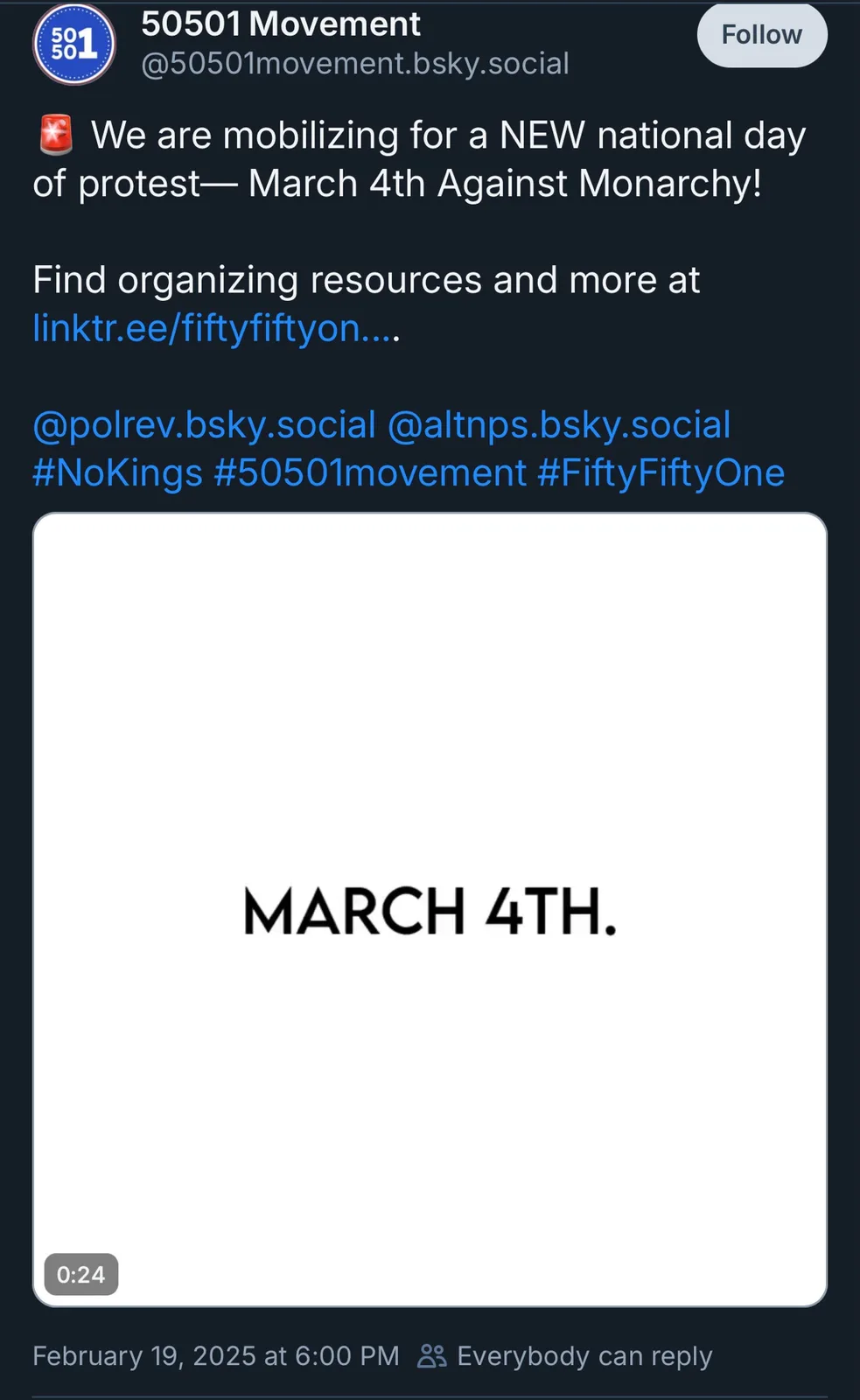A screenshot of a Bluesky post from the '50501 Movement' announcing a 'March 4th Against Monarchy' protest. The post…