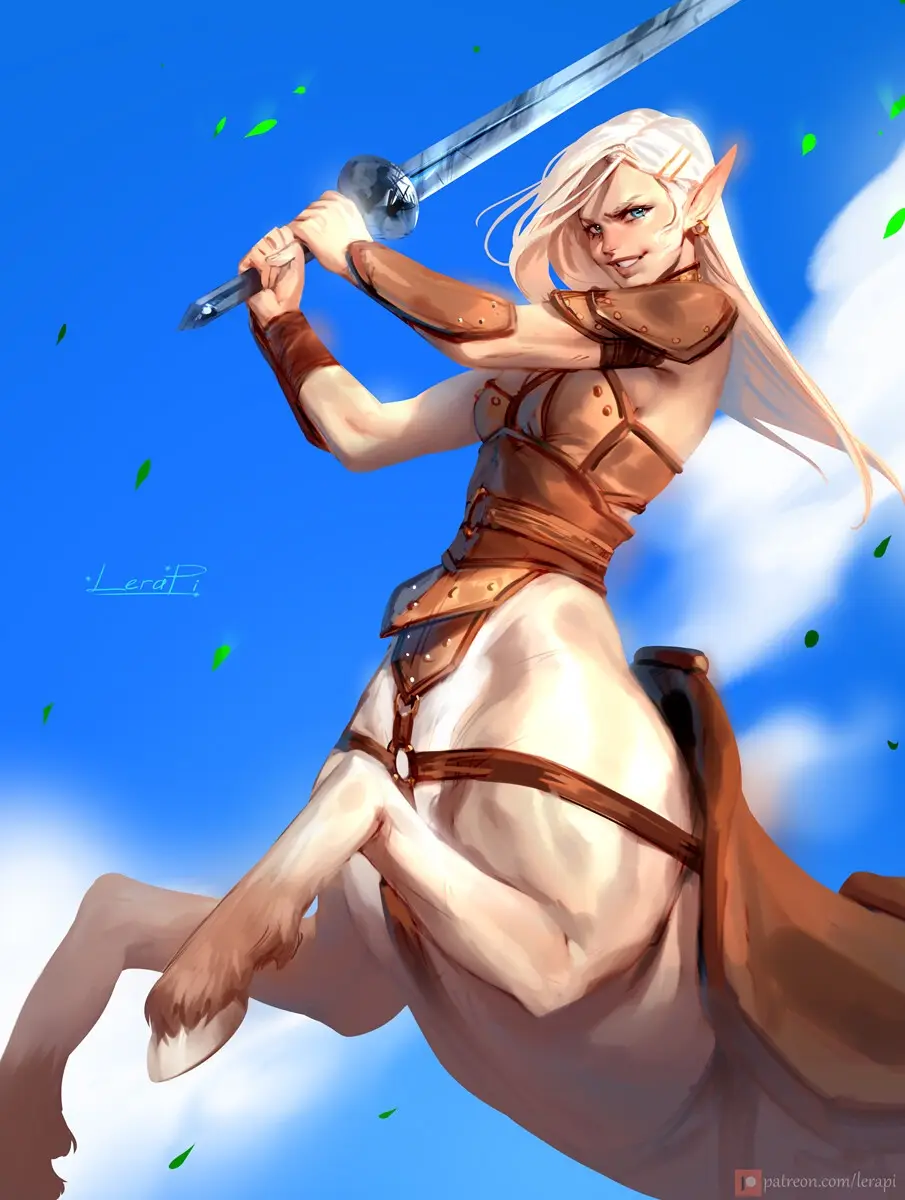 A fantasy illustration shows a female centaur with long white hair and pointed ears, wearing brown leather armor and…