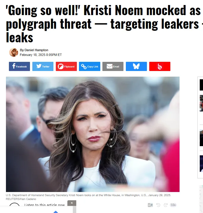 A screenshot of a news article featuring a photo of Kristi Noem with a skeptical or annoyed facial expression. The headline…