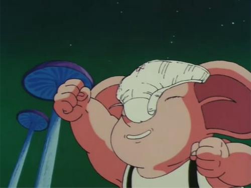An anime character with a white bandage over one eye, smiling confidently while holding a blue, mushroom-shaped object…
