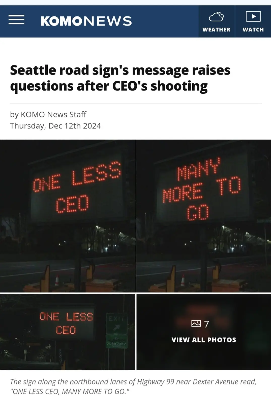 A screenshot of a KOMO News article from December 12th, 2024, showing a digital road sign at night displaying the message…