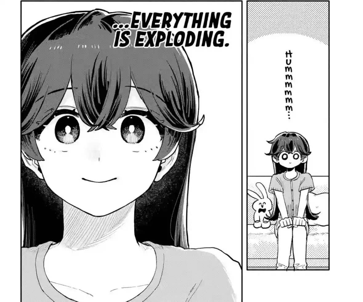 A black-and-white manga panel shows a girl with a calm, smiling expression while text above her head reads '...EVERYTHING IS…