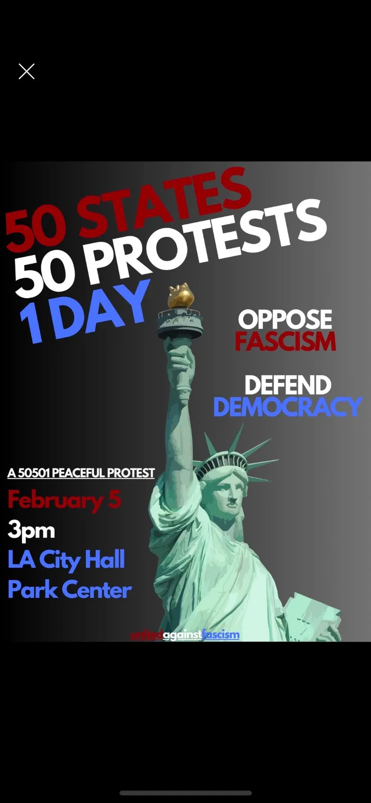 A protest poster features the Statue of Liberty holding her torch, with bold text announcing '50 STATES 50 PROTESTS 1 DAY'…