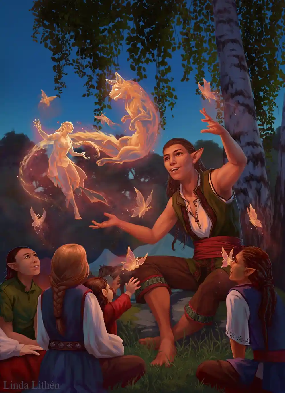 An elf woman sits outdoors with several children, gesturing as glowing, translucent fox and butterfly spirits appear around…