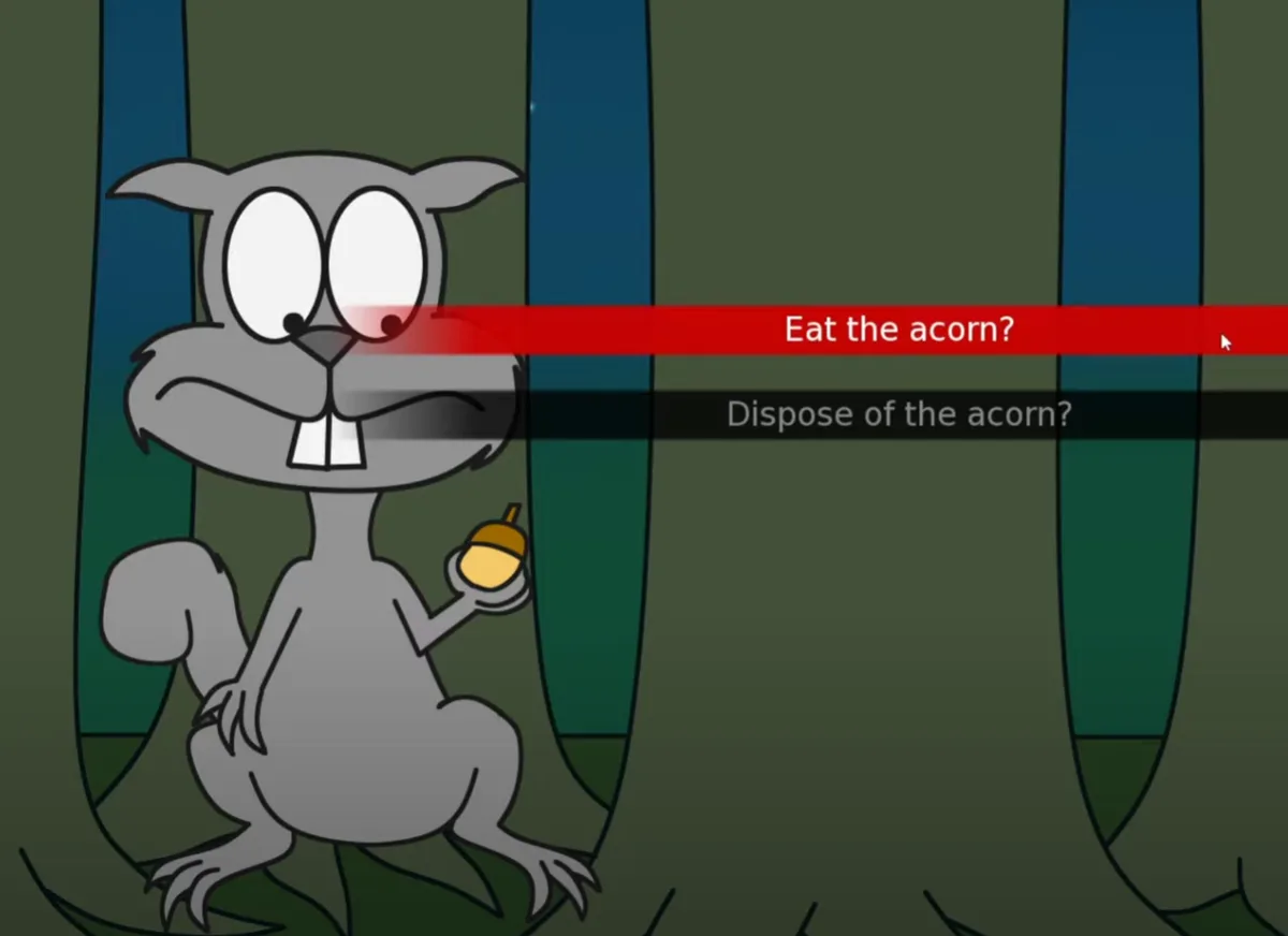 A cartoon squirrel with wide eyes and a worried expression holds an acorn while standing in a forest. Two game menu options…