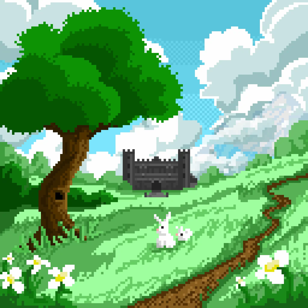 A pixel art landscape shows a white rabbit standing on a grassy hill with a large green tree on the left and a small brown…