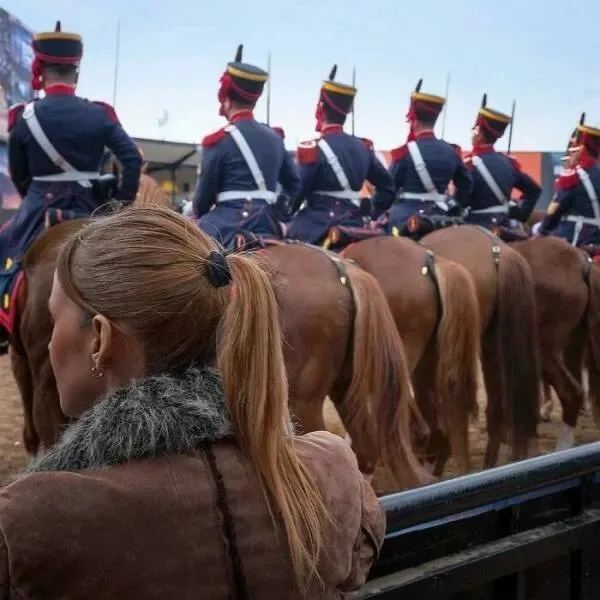 A woman with a ponytail and a fur-lined jacket watches from behind a railing as a line of uniformed cavalrymen on brown…